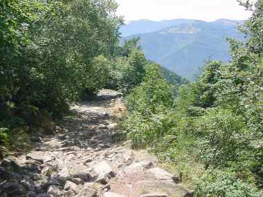 Steile afdaling over rotspad tussen Le Hohneck en het Lac du Schiessrothried